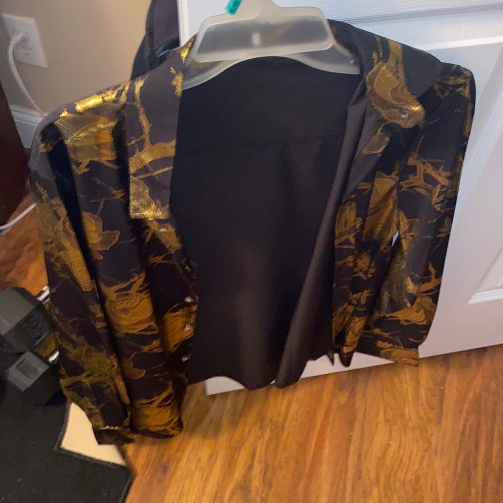 Black casual button down with gold floral print.